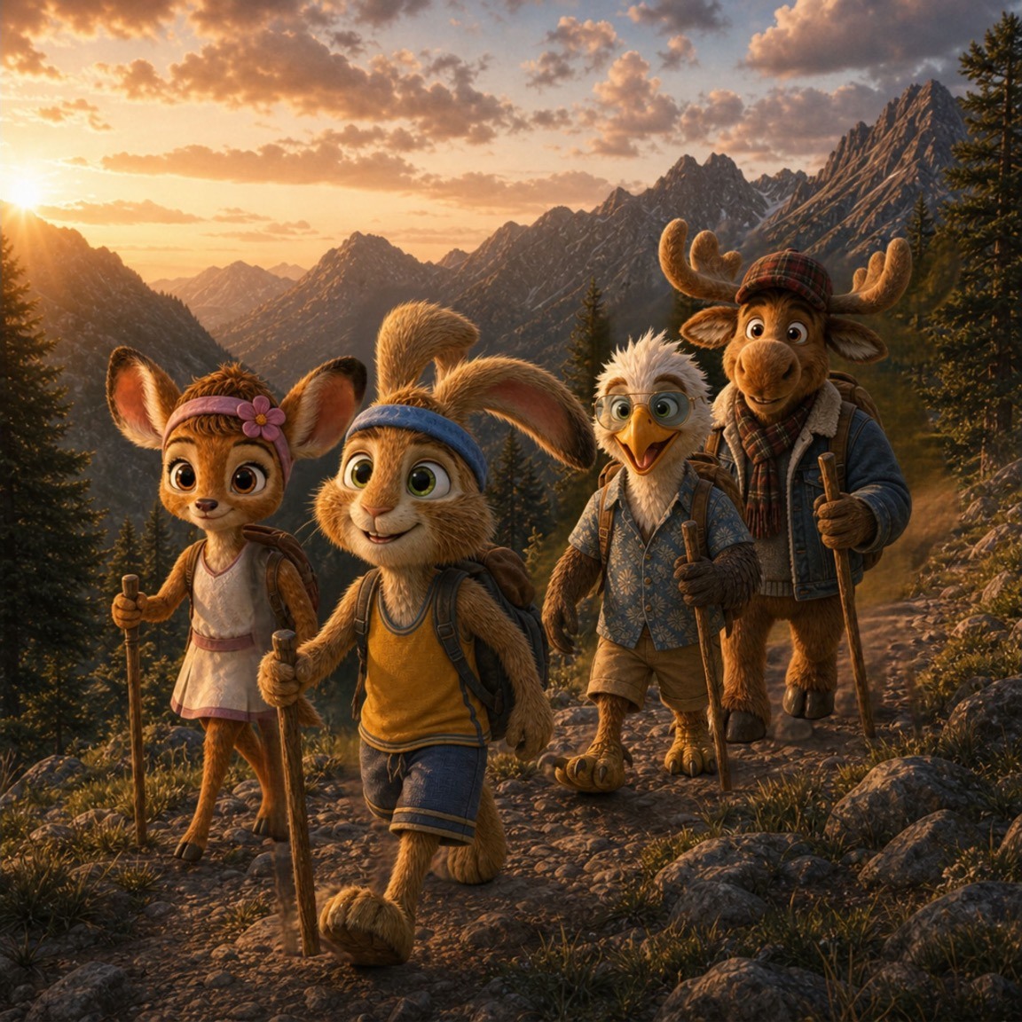 Jack, Ellie, Eddie, and Murray hiking in Mountain Peaks